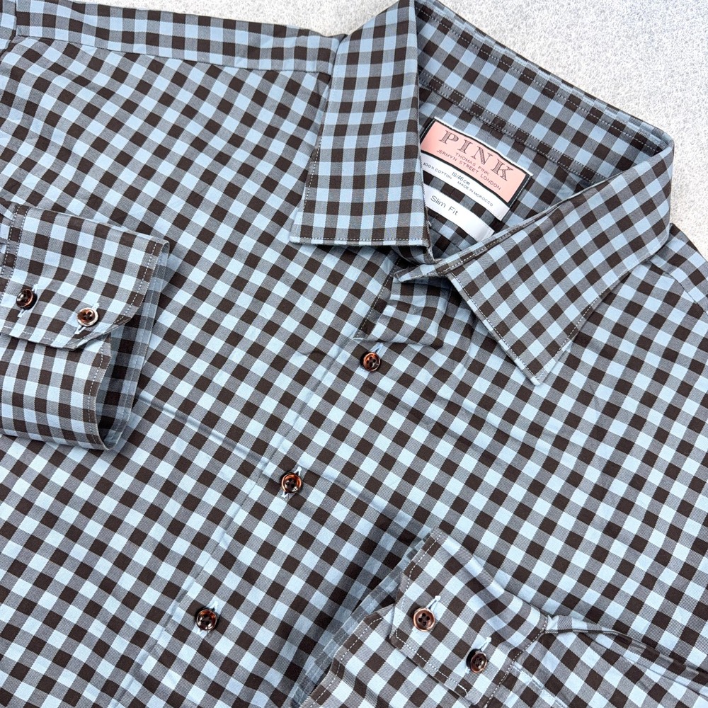 Thomas Pink Shirt Men 18 46 XXL 2XL Brown Blue Check Button Up Dress Slim Fit